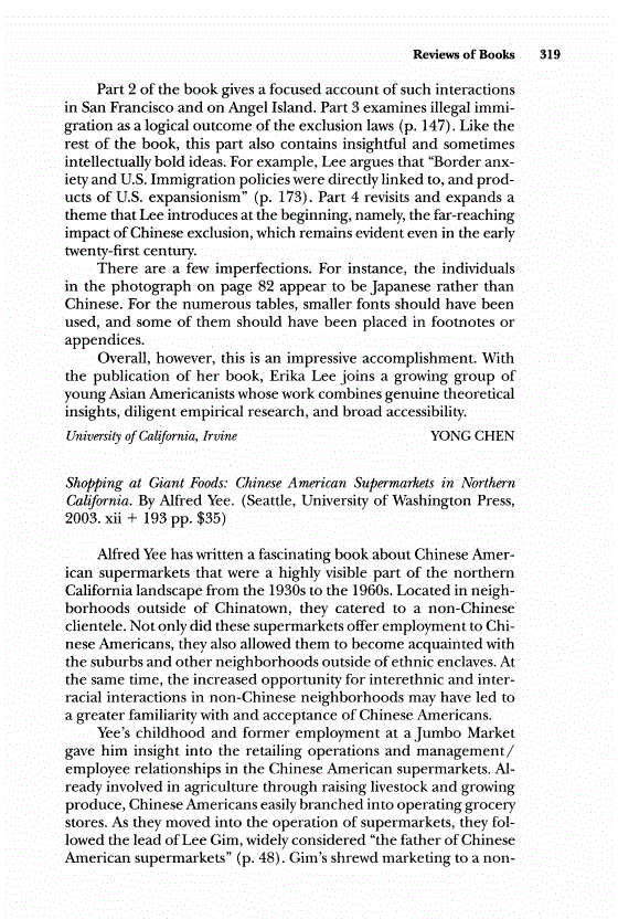 First page of Review: <italic>Shopping at Giant Foods: Chinese American Supermarkets in Northern California</italic>, by Alfred Yee