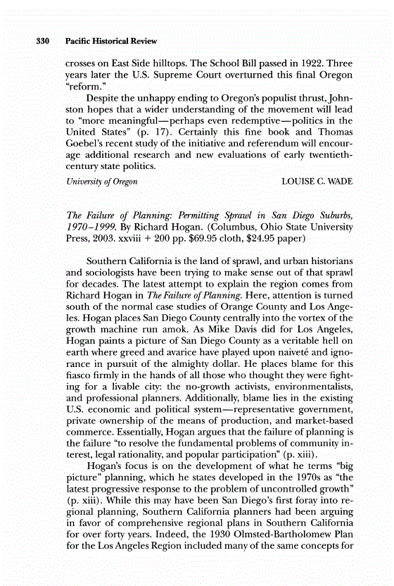First page of Review: <italic>The Failure of Planning: Permitting Sprawl in San Diego Suburbs, 1970-1999</italic>, by Richard Hogan