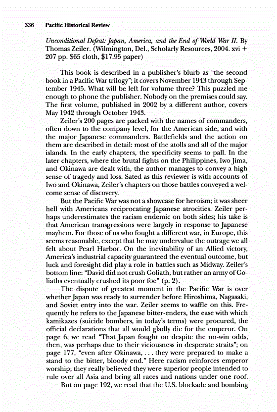 First page of Review: <italic>Unconditional Defeat: Japan, America, and the End of World War II</italic>, by Thomas Zeiler
