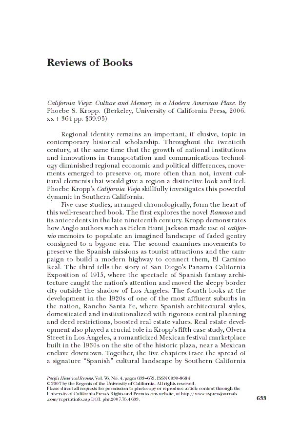 First page of <sc>Review of Kropp, California Vieja: Culture and Memory in a Modern American Place.</sc>