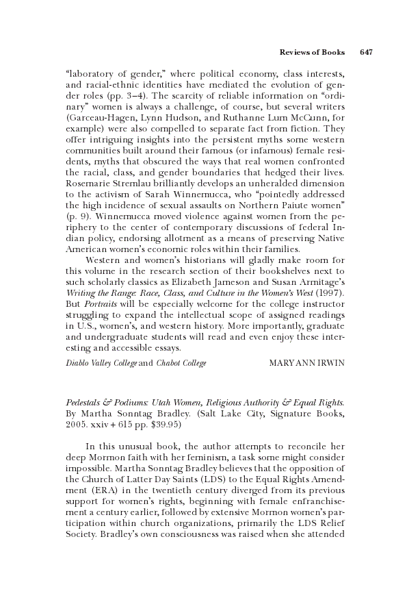 First page of <sc>Review of Bradley, Pedestals &amp; Podiums: Utah Women, Religious Authority &amp; Equal Rights.</sc>