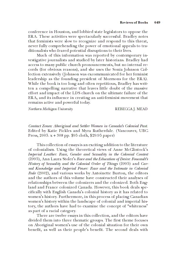 First page of <sc>Review of Pickles and Rutherdale, Eds., Contact Zones: Aboriginal and Settler Women in Canada's Colonial Past.</sc>