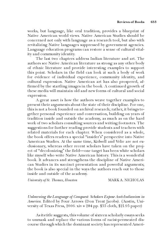 First page of <sc>Review of Four Arrows (Jacobs), Unlearning the Language of Conquest: Scholars Expose Anti-Indianism in America.</sc>