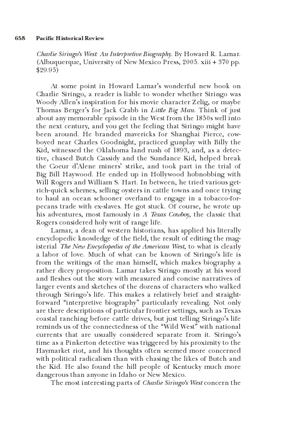 First page of <sc>Review of Lamar, Charlie Siringo's West: An Interpretive Biography.</sc>
