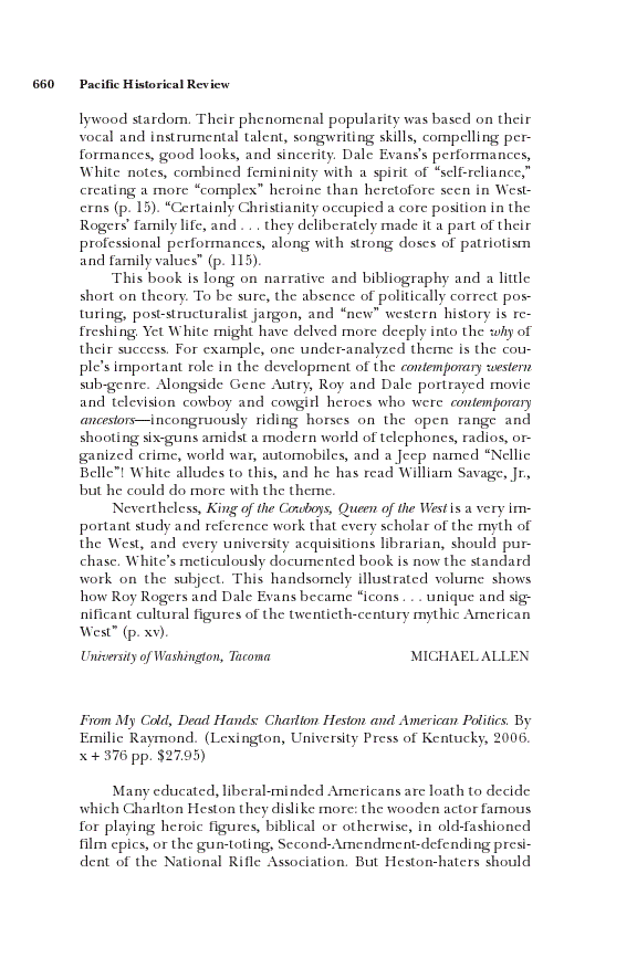 First page of <sc>Review of Raymond, From my Cold, Dead Hands: Charlton Heston and American Politics.</sc>