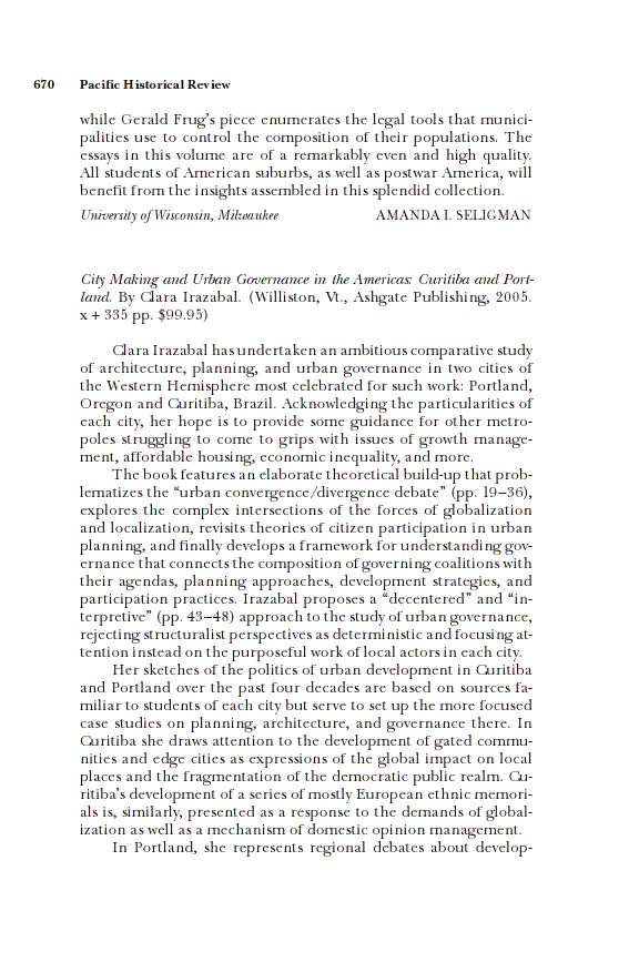 First page of <sc>Review of Irazabal, City Making and Urban Governance in the Americas: Curitiba and Portland.</sc>