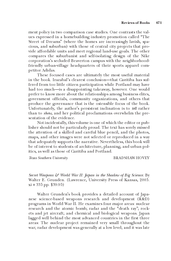 First page of <sc>Review of Grunden, Secret Weapons &amp; World War II: Japan in the Shadow of Big Science.</sc>