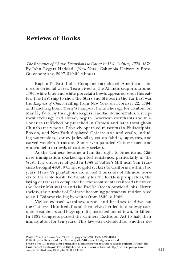 First page of Review: <italic>The Romance of China: Excursions to China in U.S. Culture, 1778–1876</italic>, by John Rogers Haddad