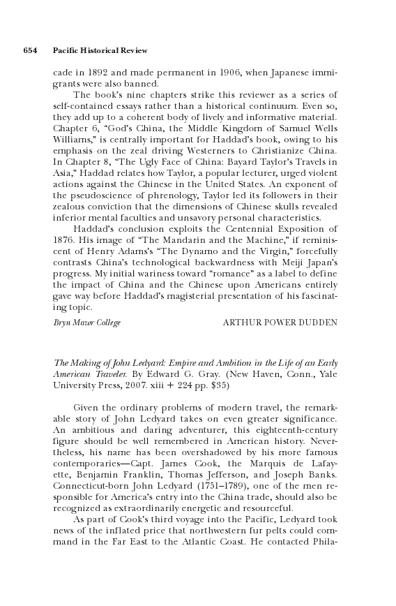 First page of Review: <italic>The Making of John Ledyard: Empire and Ambition in the Life of an Early American Traveler</italic>, by Edward G. Gray