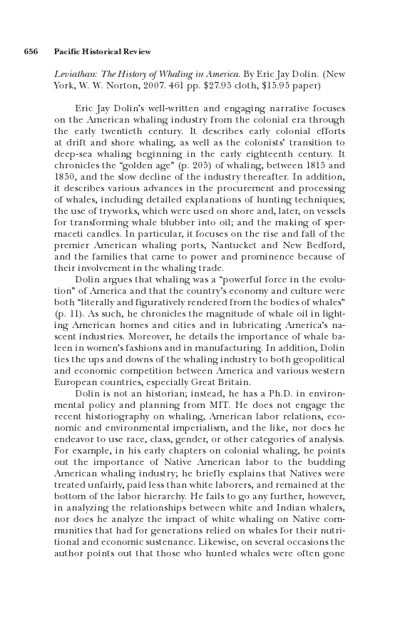 First page of Review: <italic>Leviathan: The History of Whaling in America</italic>, by Eric Jay Dolin