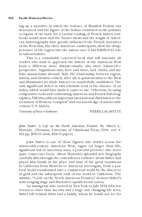 First page of Review: <italic>John Sutter: A Life on the North American Frontier</italic>, by Albert L. Hurtado
