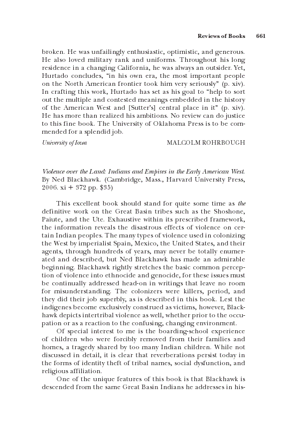 First page of Review: <italic>Violence over the Land: Indians and Empires in the Early American West</italic>, by Ned Blackhawk