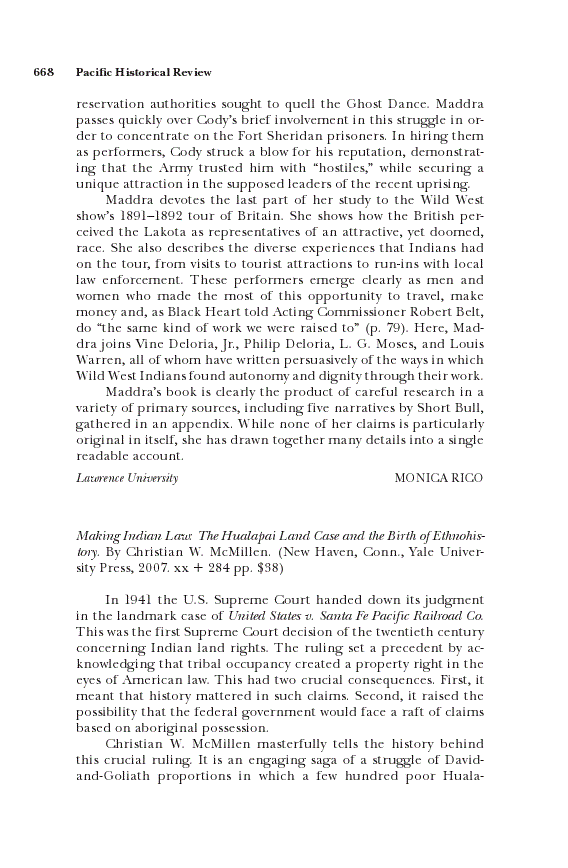 First page of Review: <italic>Making Indian Law: The Hualapai Land Case and the Birth of Ethnohistory</italic>, by Christian W. McMillen