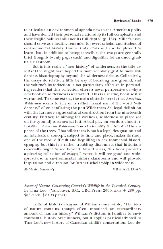 First page of Review: <italic>States of Nature: Conserving Canada's Wildlife in the Twentieth Century</italic>, by Tina Loo