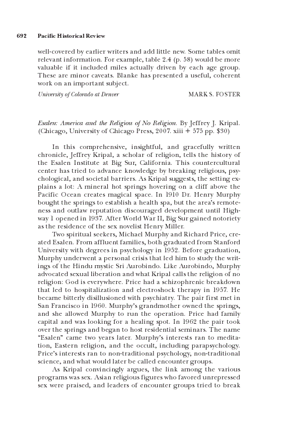 First page of Review: <italic>Esalen: America and the Religion of No Religion</italic>, by Jeffrey J. Kripal