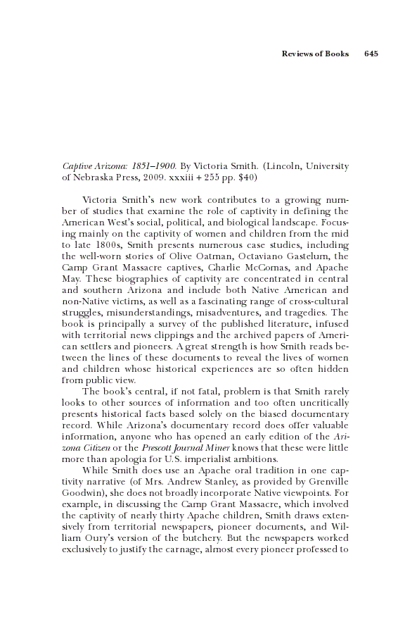 First page of Review: <italic>Captive Arizona: 1851–1900</italic>, by Victoria Smith
