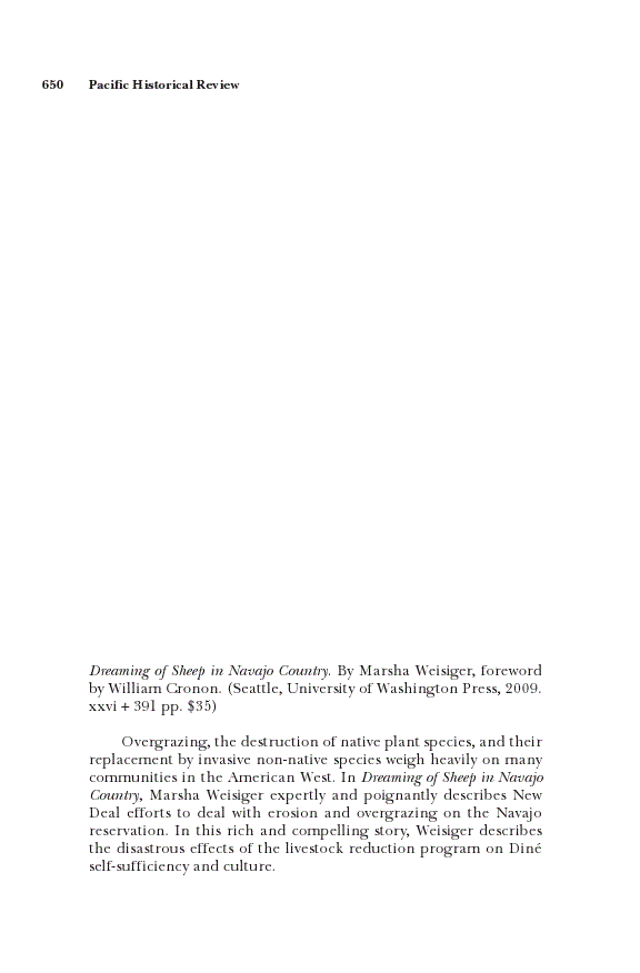 First page of Review: <italic>Dreaming of Sheep in Navajo Country</italic>, by Marsha Weisiger and William Cronon