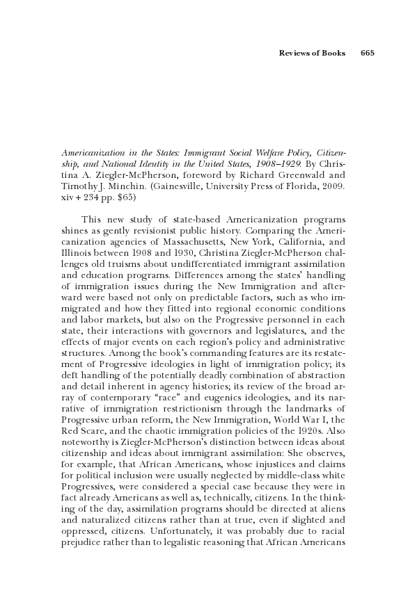 First page of Review: <italic>Americanization in the States: Immigrant Social Welfare Policy, Citizenship, and National Identity in the United States, 1908–1929</italic>, by Christina A. Ziegler-McPherson, Richard Greenwald, and Timothy J. Minchin