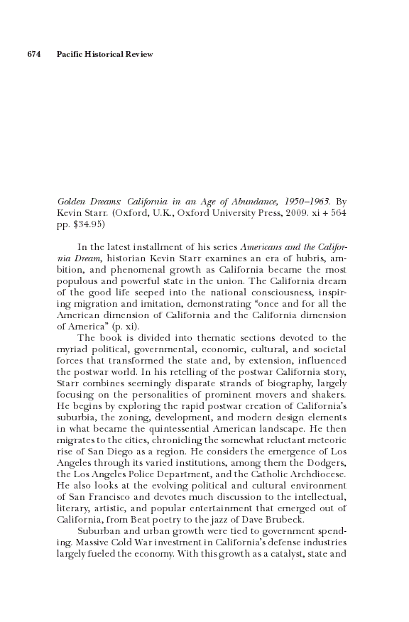 First page of Review: <italic>Golden Dreams: California in an Age of Abundance, 1950–1963</italic>, by Kevin Starr