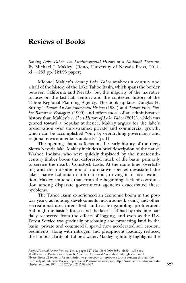 First page of Review: <italic>Saving Lake Tahoe: An Environmental History of a National Treasure</italic> by Michael J. Makley