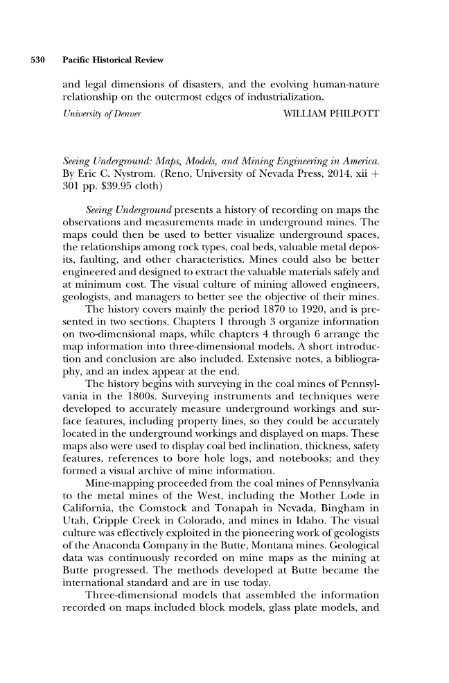 First page of Review: <italic>Seeing Underground: Maps, Models, and Mining Engineering in America</italic> by Eric C. Nystrom