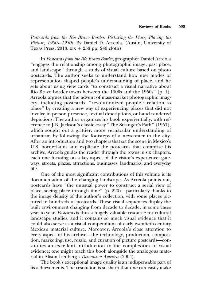 First page of Review: <italic>Postcards from the Rio Bravo Border: Picturing the Place, Placing the Picture, 1900s–1950s</italic> by Daniel D. Arreola