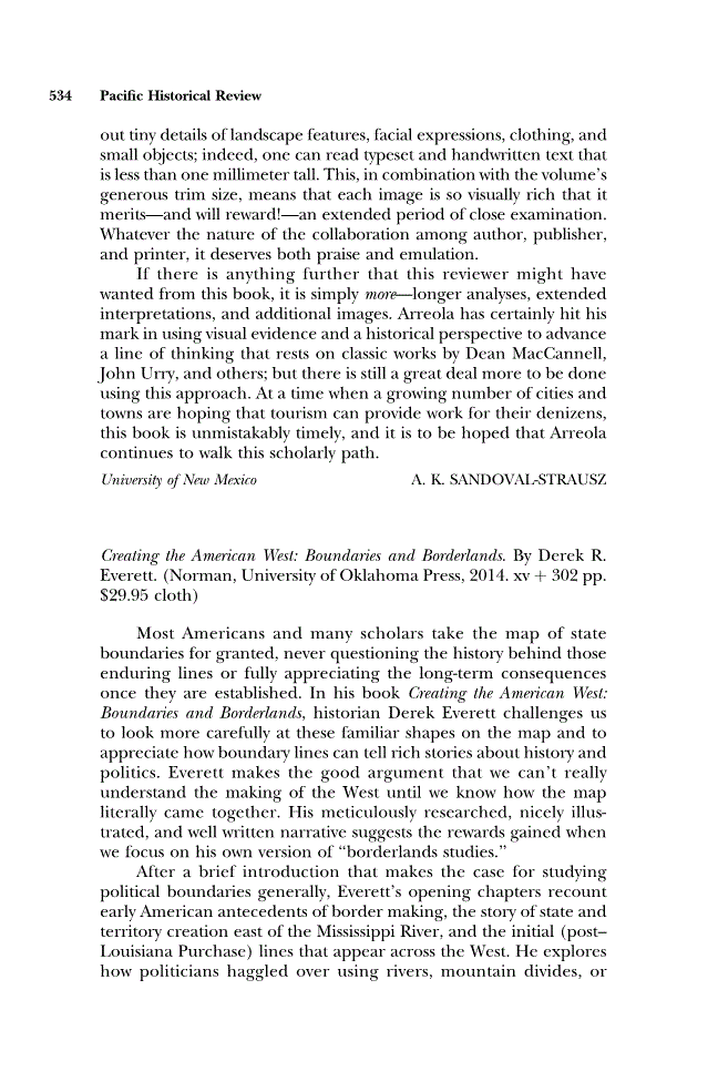 First page of Review: <italic>Creating the American West: Boundaries and Borderlands</italic> by Derek R. Everett