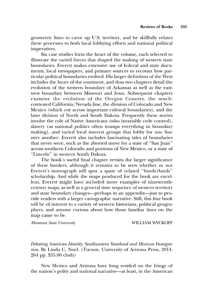 First page of Review: <italic>Debating American Identity: Southwestern Statehood and Mexican Immigration</italic> by Linda C. Noel
