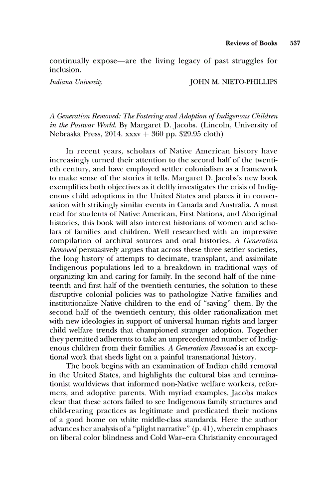 First page of Review: <italic>A Generation Removed: The Fostering and Adoption of Indigenous Children in the Postwar World</italic> by Margaret D. Jacobs