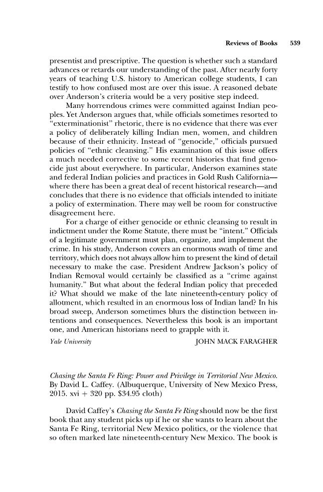 First page of Review: <italic>Chasing the Santa Fe Ring: Power and Privilege in Territorial New Mexico</italic> by David L. Caffey