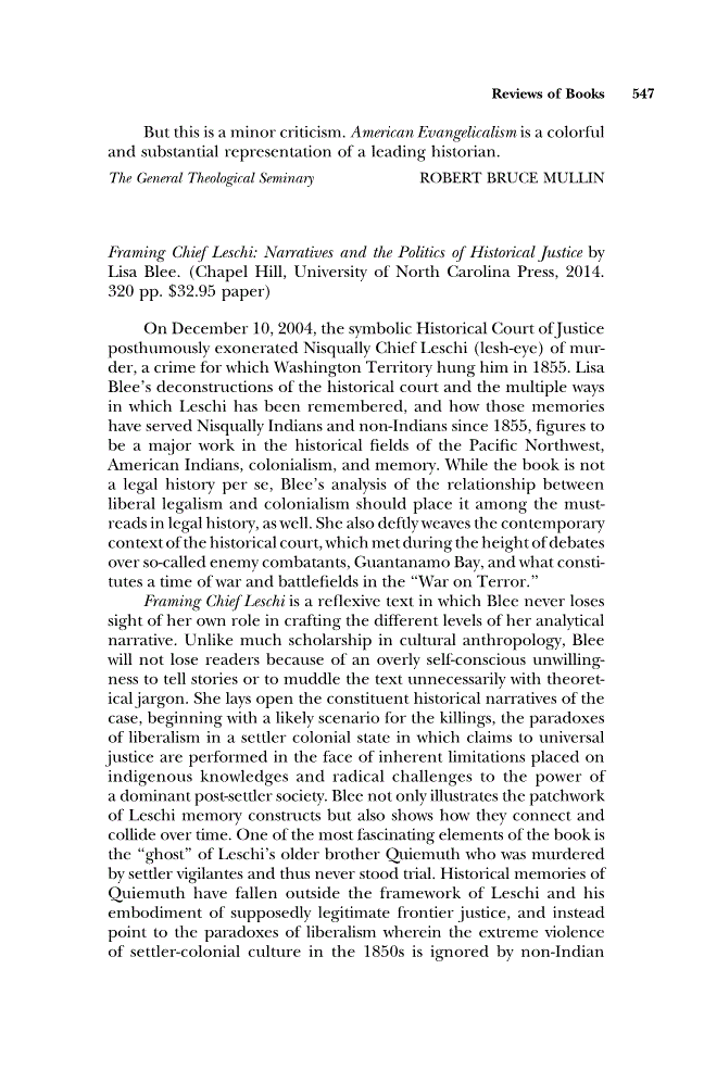 First page of Review: <italic>Framing Chief Leschi: Narratives and the Politics of Historical Justice</italic> by Lisa Blee