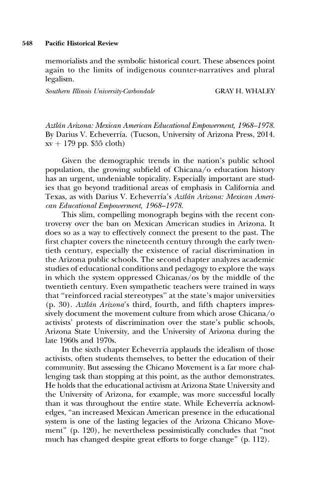 First page of Review: <italic>Aztlán Arizona: Mexican American Educational Empowerment, 1968–1978</italic> by Darius V. Echeverría