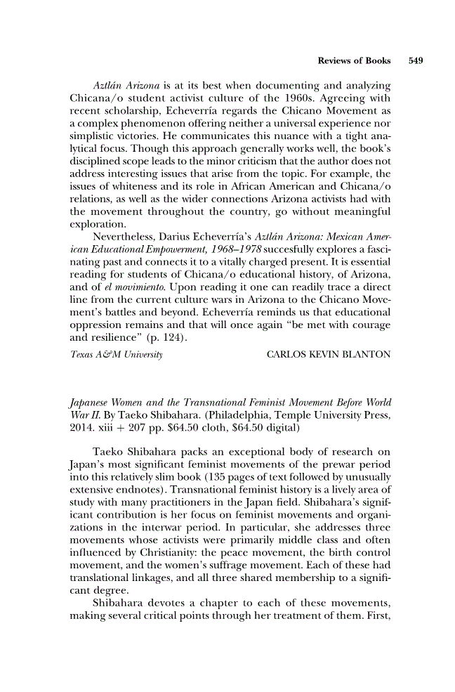 First page of Review: <italic>Japanese Women and the Transnational Feminist Movement Before World War II</italic> by Taeko Shibahara