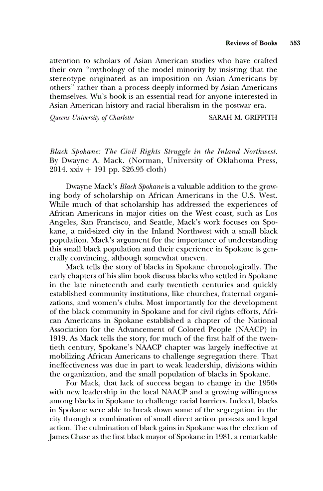 First page of Review: <italic>Black Spokane: The Civil Rights Struggle in the Inland Northwest</italic> by Dwayne A. Mack