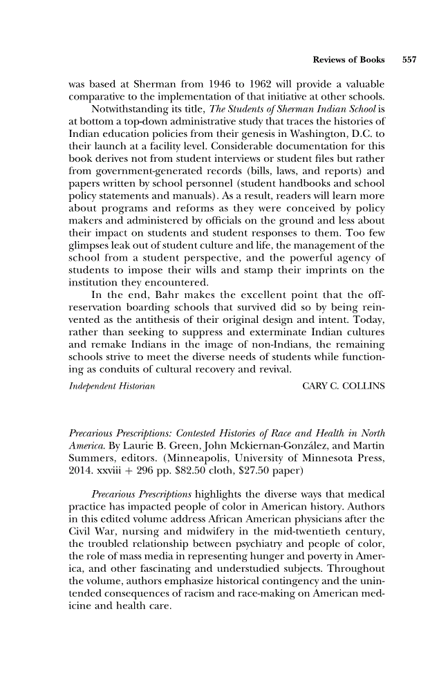 First page of Review: <italic>Precarious Prescriptions: Contested Histories of Race and Health in North America</italic> by Laurie B. Green, John Mckiernan-González, and Martin Summers, editors