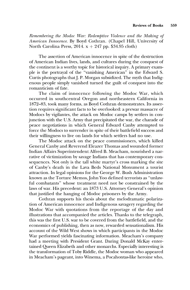 First page of Review: <italic>Remembering the Modoc War: Redemptive Violence and the Making of American Innocence</italic> by Boyd Cothran