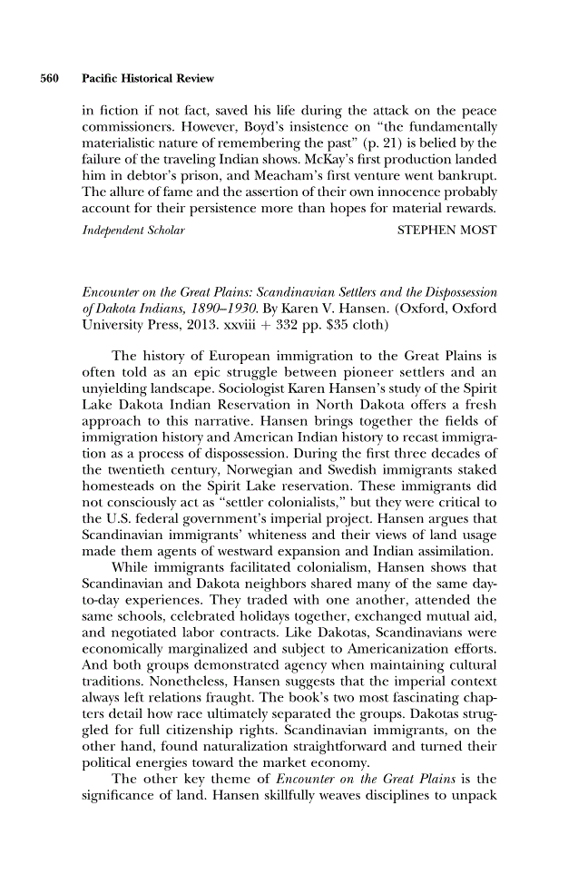 First page of Review: <italic>Encounter on the Great Plains: Scandinavian Settlers and the Dispossession of Dakota Indians, 1890–1930</italic> by Karen V. Hansen