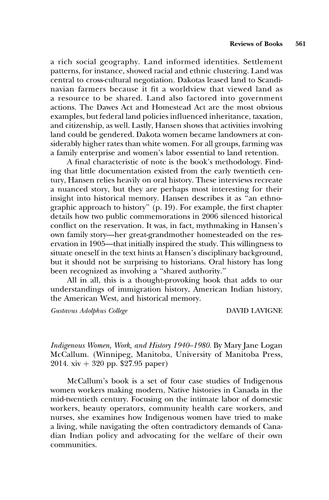 First page of Review: <italic>Indigenous Women, Work, and History 1940–1980</italic> by Mary Jane Logan McCallum