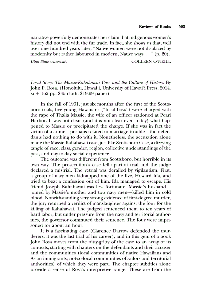 First page of Review: <italic>Local Story: The Massie-Kahahawai Case and the Culture of History</italic> by John P. Rosa