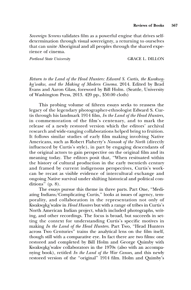 First page of Review: <italic>Return to the Land of the Head Hunters: Edward S. Curtis, the Kwakw<underline>a</underline>k<underline>a</underline>’wakw, and the Making of Modern Cinema</italic> by Brad Evans and Aaron Glass, editors, foreword by Bill Holm