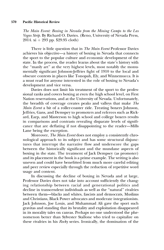 First page of Review: <italic>The Main Event: Boxing in Nevada from the Mining Camps to the Las Vegas Strip</italic> by Richard O. Davies