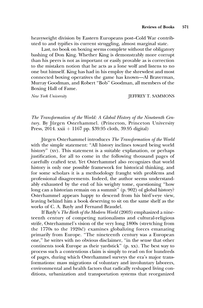 First page of Review: <italic>The Transformation of the World: A Global History of the Nineteenth Century</italic> by Jürgen Osterhammel