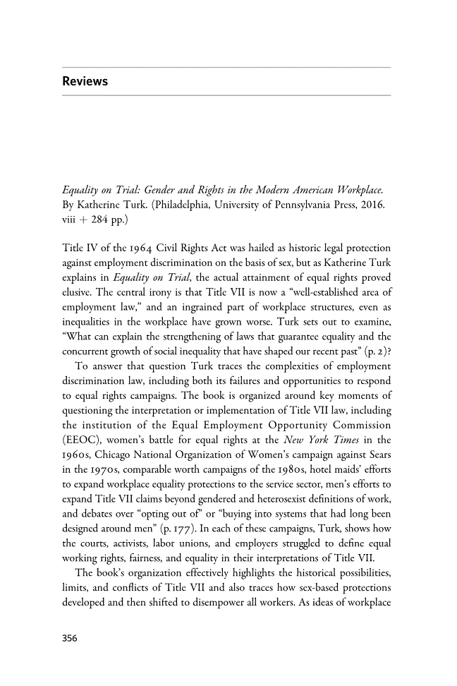 First page of Review: <italic>Equality on Trial: Gender and Rights in the Modern American Workplace</italic> by Katherine Turk