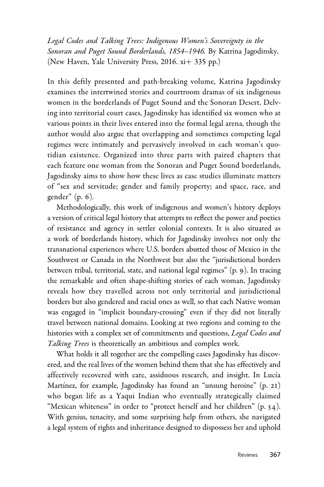 First page of Review: <italic>Legal Codes and Talking Trees: Indigenous Women’s Sovereignty in the Sonoran and Puget Sound Borderlands, 1854–1946</italic> by Katrina Jagodinsky
