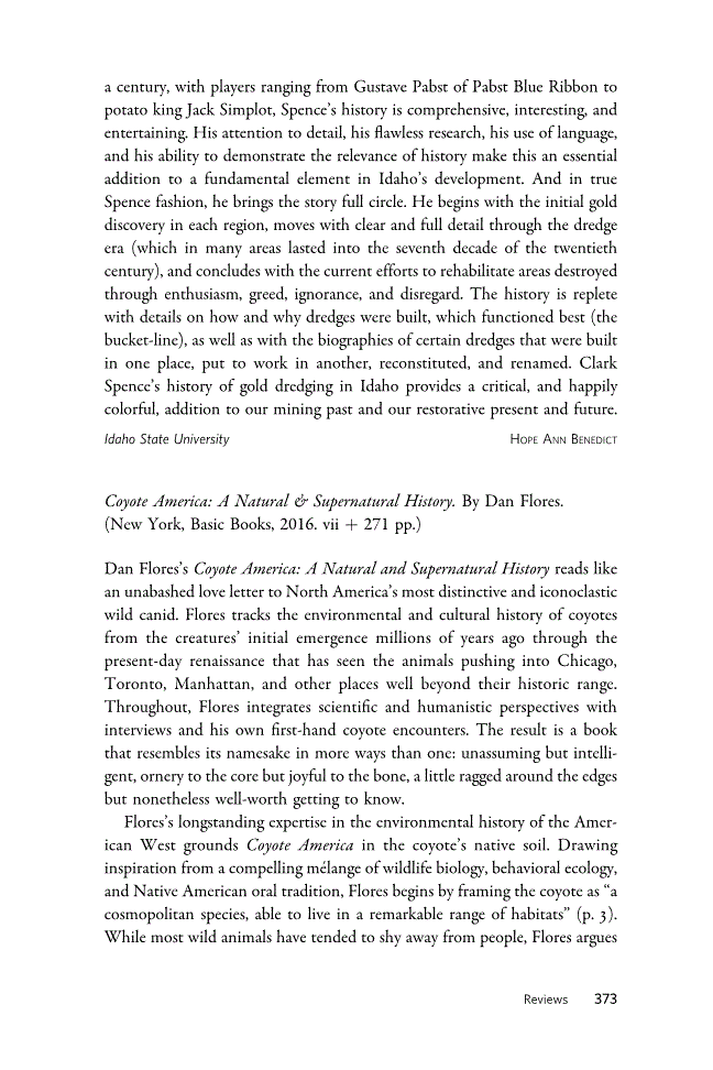 First page of Review: <italic>Coyote America: A Natural &amp; Supernatural History</italic> by Dan Flores