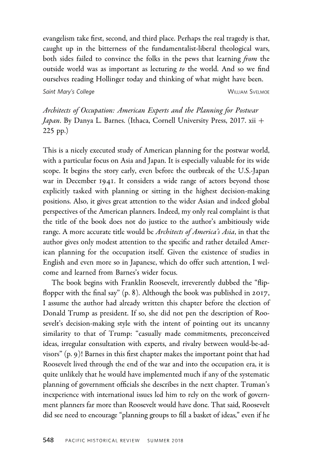 First page of Review: <italic>Architects of Occupation: American Experts and the Planning for Postwar Japan</italic> by Danya L. Barnes