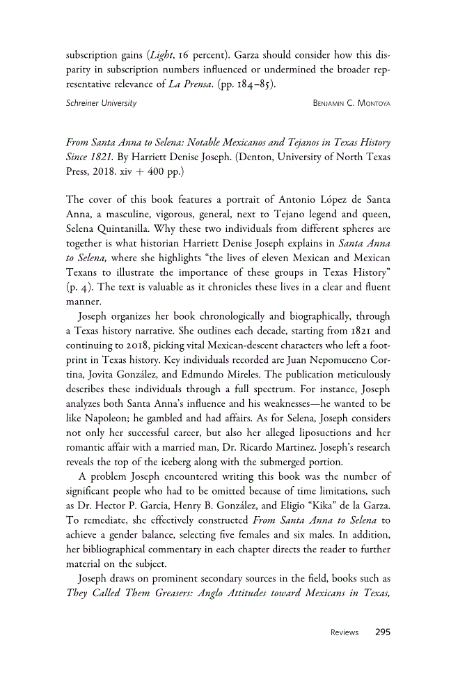 First page of Review: <italic>From Santa Anna to Selena: Notable Mexicanos and Tejanos in Texas History Since 1821</italic> by Harriett Denise Joseph