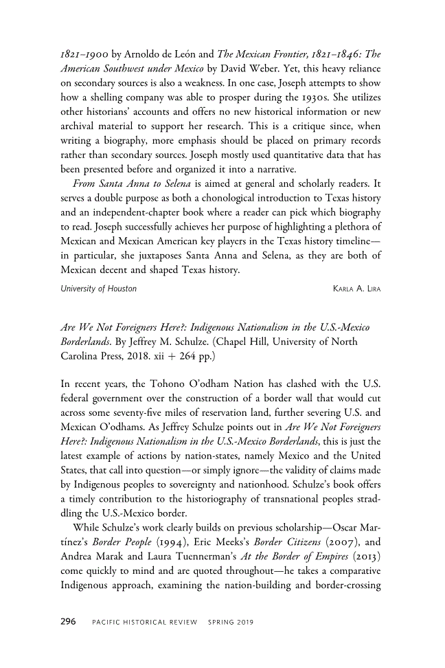 First page of Review: <italic>Are We Not Foreigners Here?: Indigenous Nationalism in the U.S.-Mexico Borderlands</italic> by Jeffrey M. Schulze