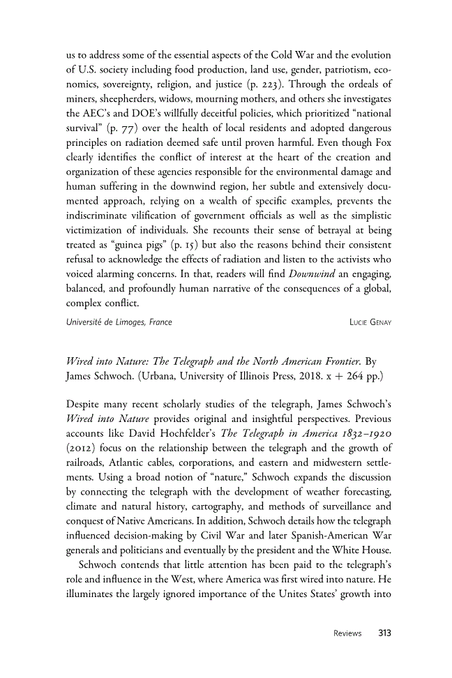 First page of Review: <italic>Wired into Nature: The Telegraph and the North American Frontier</italic> by James Schwoch