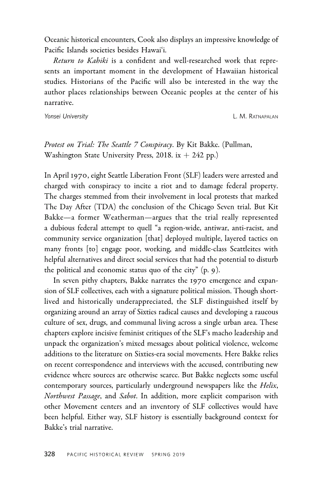 First page of Review: <italic>Protest on Trial: The Seattle 7 Conspiracy</italic> by Kit Bakke